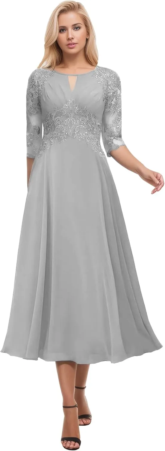 BANTRATIC Tea Length Mother of The Bride Dresses for Wedding Chiffon Lace Applique Long Sleeve Formal Evening Gowns