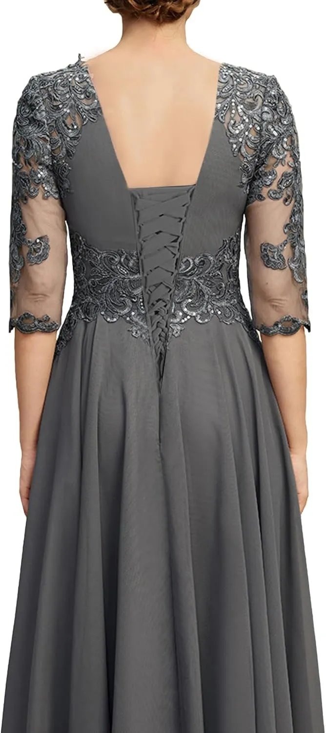 BANTRATIC Tea Length Mother of The Bride Dresses for Wedding Chiffon Lace Applique Long Sleeve Formal Evening Gowns