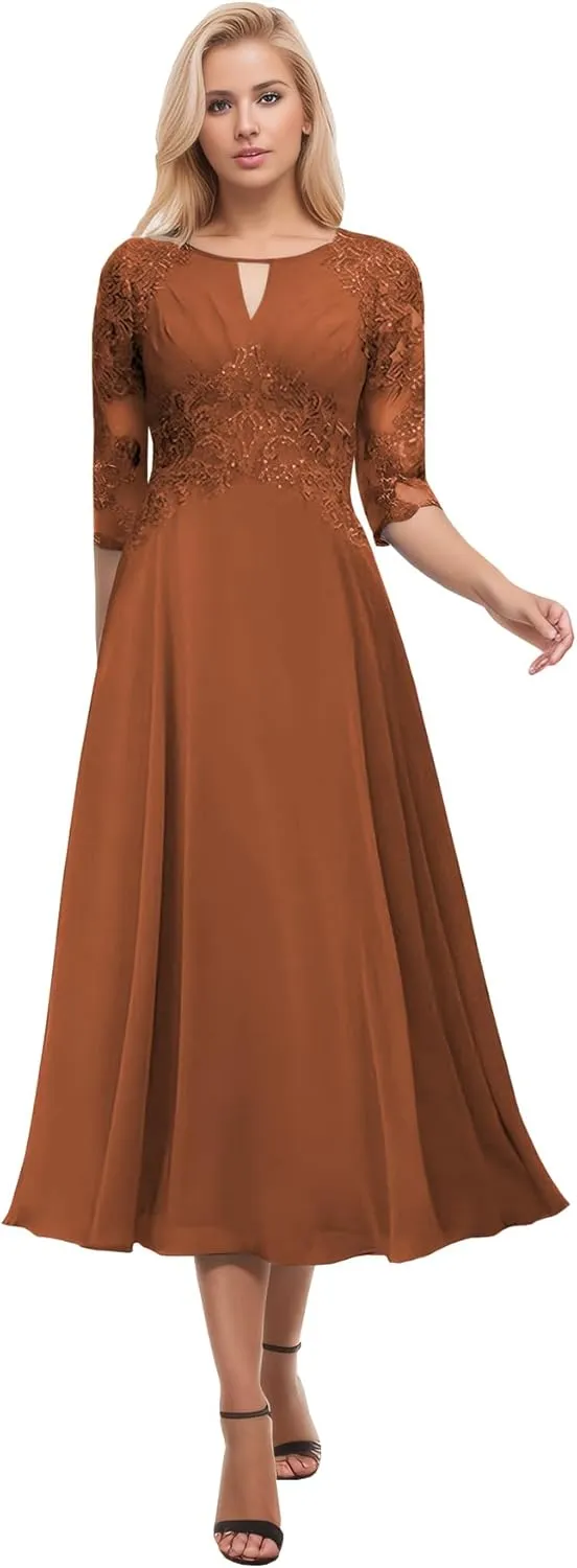 BANTRATIC Tea Length Mother of The Bride Dresses for Wedding Chiffon Lace Applique Long Sleeve Formal Evening Gowns