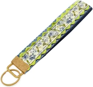 BattleTim Floral Keychain Wristlet Handmade Fabric Wrist Key Chain Lace Trim with Gold Metal D-Rings Clasps