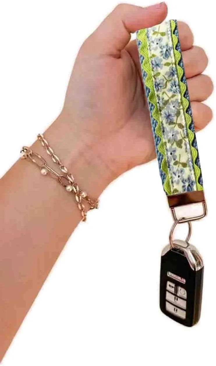 BattleTim Floral Keychain Wristlet Handmade Fabric Wrist Key Chain Lace Trim with Gold Metal D-Rings Clasps