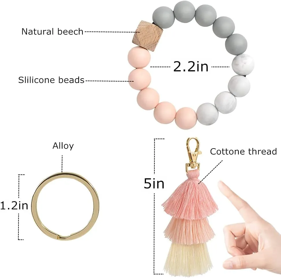 Beaded Keychain with Tassel, Silicone Key Ring Bracelet, Cute Boho Car Key Chain Wristlet for Women
