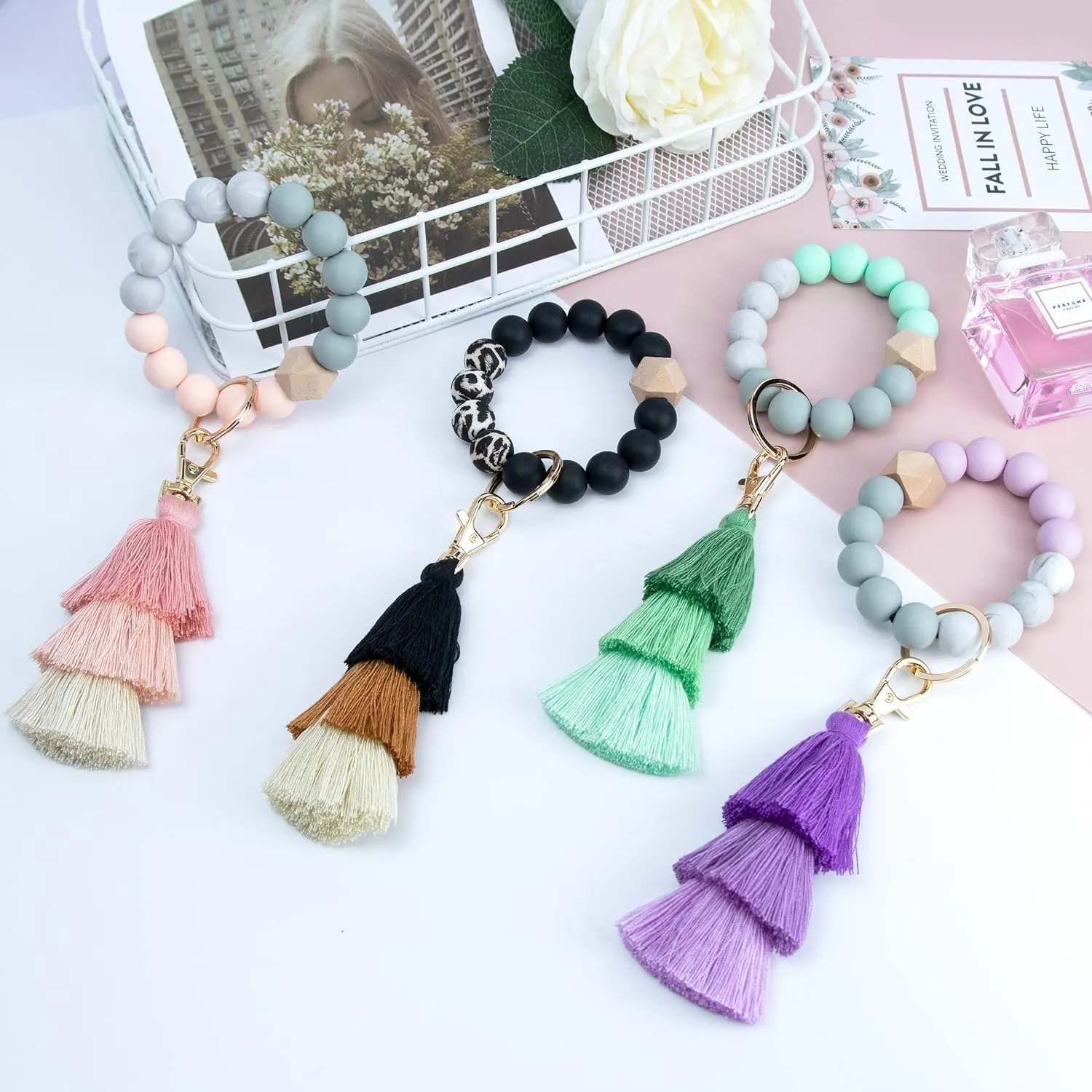 Beaded Keychain with Tassel, Silicone Key Ring Bracelet, Cute Boho Car Key Chain Wristlet for Women