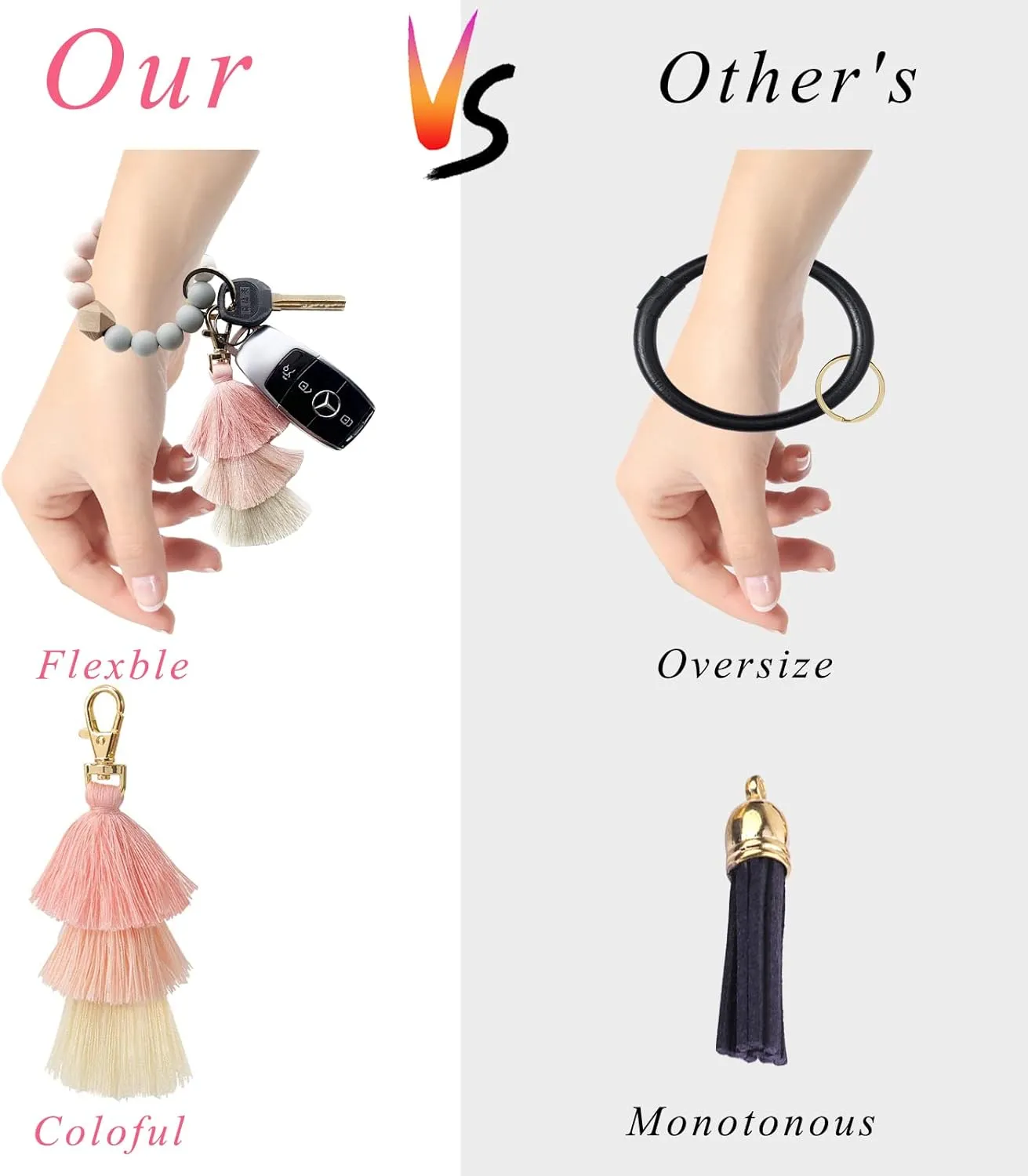 Beaded Keychain with Tassel, Silicone Key Ring Bracelet, Cute Boho Car Key Chain Wristlet for Women