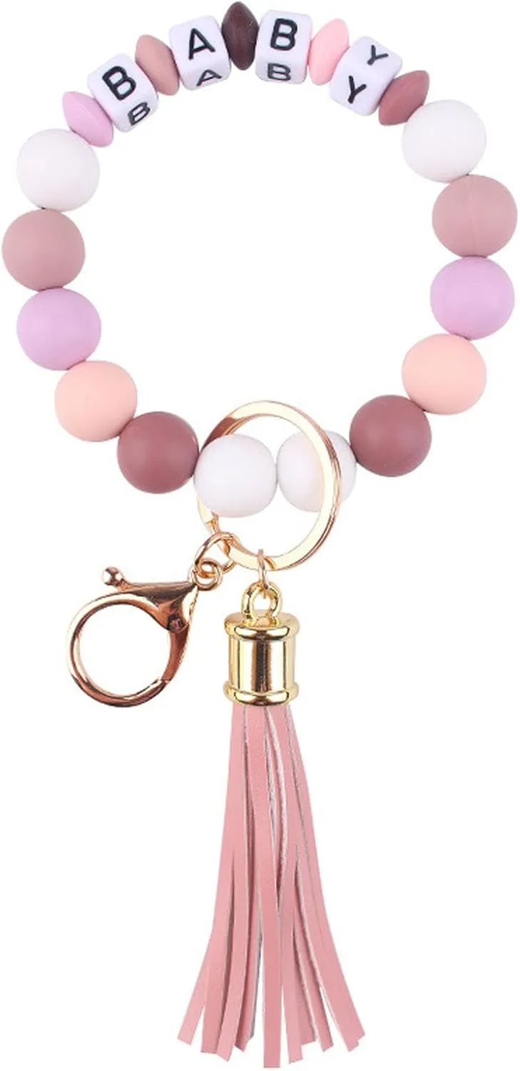 Beaded Sillicone Wristlet Keychain for Women,Charms Bangle Key Rings Bracelet with Leather Tassel for Wife