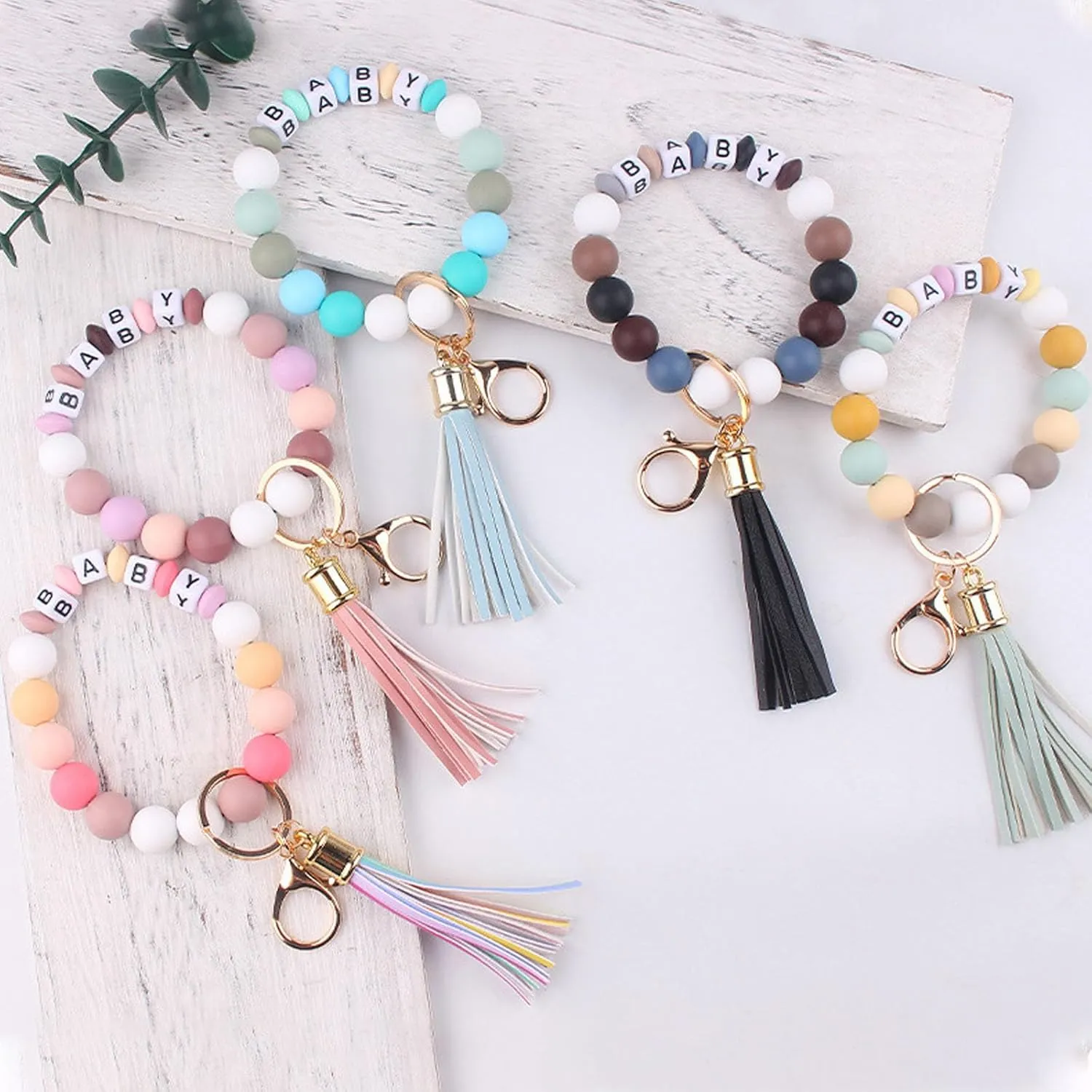 Beaded Sillicone Wristlet Keychain for Women,Charms Bangle Key Rings Bracelet with Leather Tassel for Wife