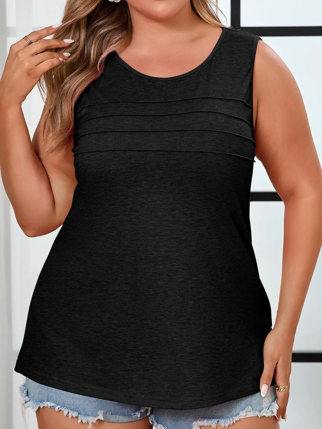 Beautife Womens Plus Size Tank Tops Pleated Scoop Neck Summer Casual Sleeveless Shirts Loose Fit Curvy Tunics