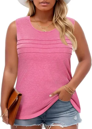 Beautife Womens Plus Size Tank Tops Pleated Scoop Neck Summer Casual Sleeveless Shirts Loose Fit Curvy Tunics