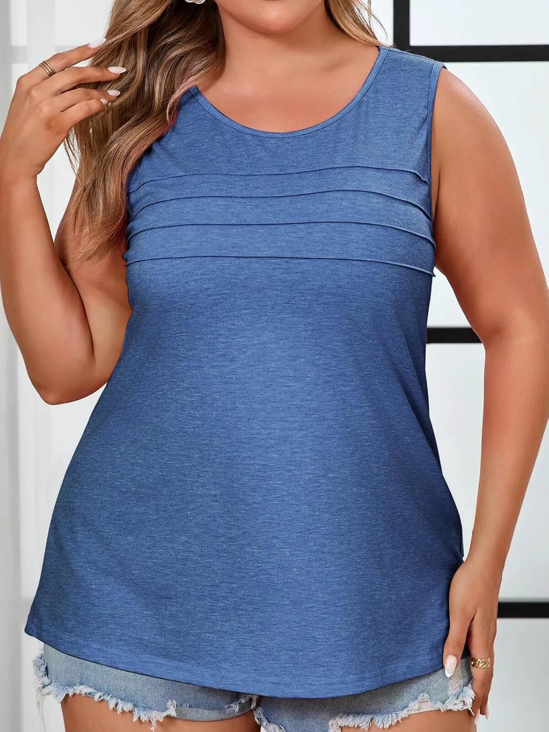 Beautife Womens Plus Size Tank Tops Pleated Scoop Neck Summer Casual Sleeveless Shirts Loose Fit Curvy Tunics