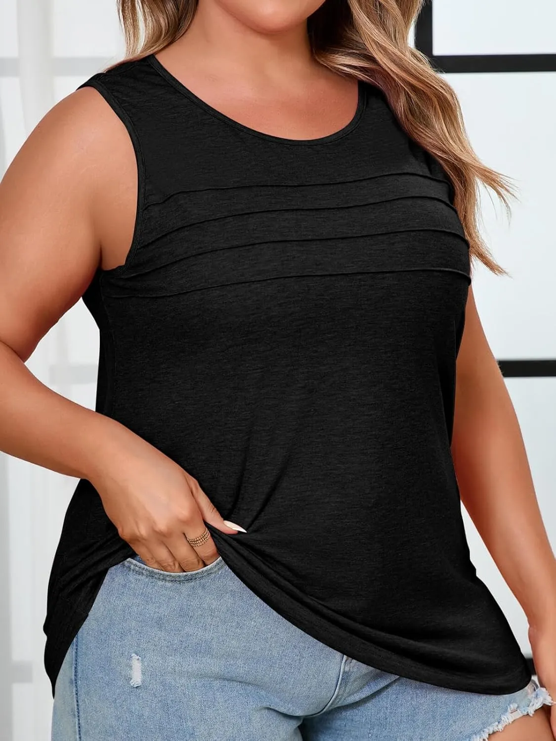 Beautife Womens Plus Size Tank Tops Pleated Scoop Neck Summer Casual Sleeveless Shirts Loose Fit Curvy Tunics