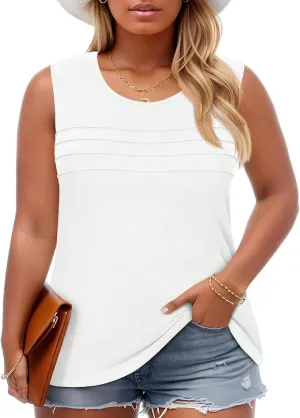 Beautife Womens Plus Size Tank Tops Pleated Scoop Neck Summer Casual Sleeveless Shirts Loose Fit Curvy Tunics