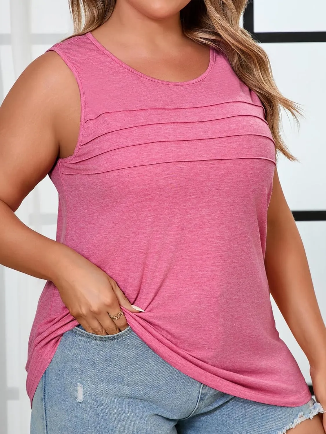 Beautife Womens Plus Size Tank Tops Pleated Scoop Neck Summer Casual Sleeveless Shirts Loose Fit Curvy Tunics
