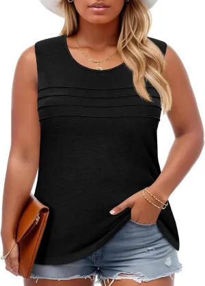 Beautife Womens Plus Size Tank Tops Pleated Scoop Neck Summer Casual Sleeveless Shirts Loose Fit Curvy Tunics
