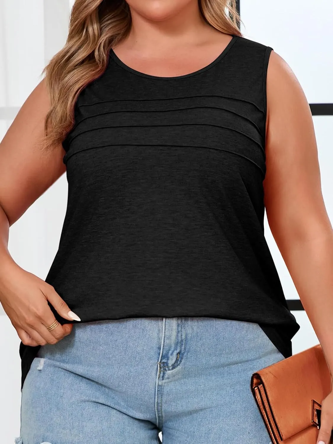 Beautife Womens Plus Size Tank Tops Pleated Scoop Neck Summer Casual Sleeveless Shirts Loose Fit Curvy Tunics