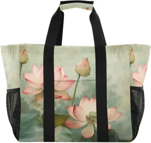 Beautiful Watercolor Lotus Flower Large Beach Bags for Women & Men,Waterproof Sandproof Beach Tote Swim Pool Bag for Pool Gym Grocery Travel