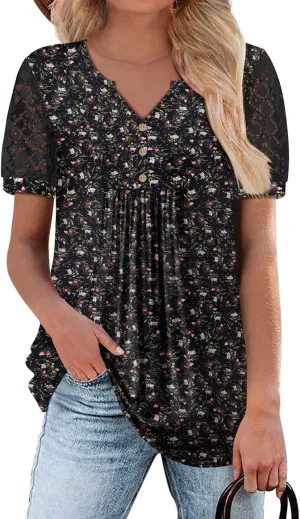 BETTE BOUTIK Womens V Neck Short Sleeve Summer Tops Button Down Pleated Tunic Tops Shirts S-3XL