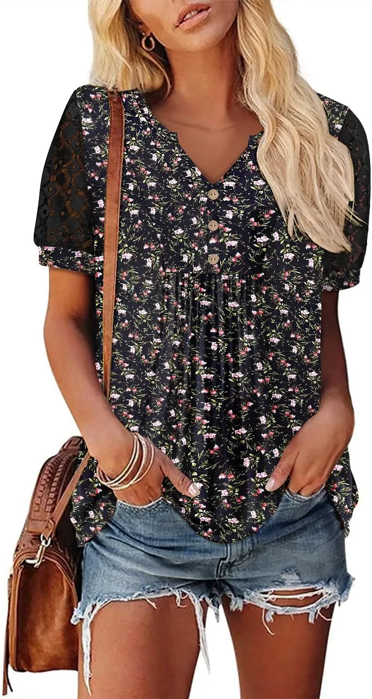 BETTE BOUTIK Womens V Neck Short Sleeve Summer Tops Button Down Pleated Tunic Tops Shirts S-3XL