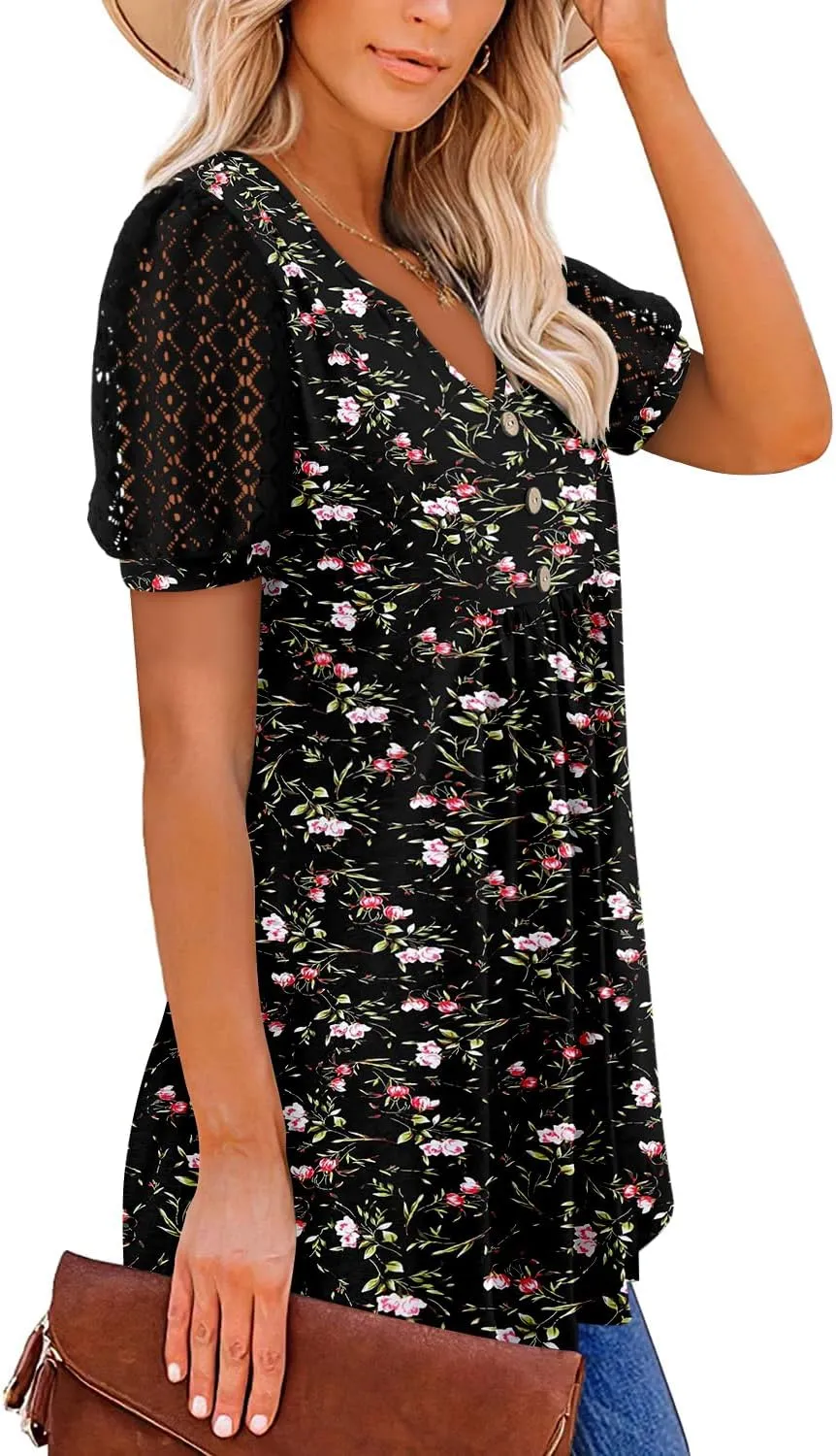 BETTE BOUTIK Womens V Neck Short Sleeve Summer Tops Button Down Pleated Tunic Tops Shirts S-3XL