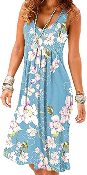 BOFETA Ladies Hem Swing Dress Casual Summer Tank Sleeveless Knee Length Pleated Sun Dresses