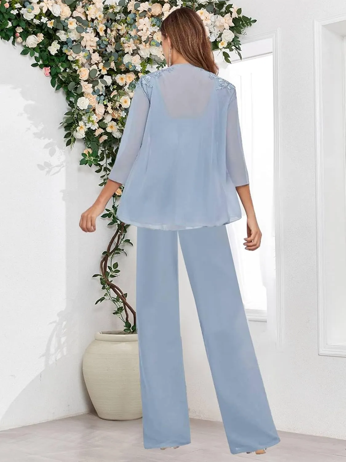 BONOYUER 3 Pieces Pant Suits for Women Dressy Wedding Lace V Neck Mother of The Bride Dresses with Jacket