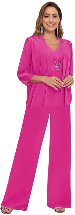 BONOYUER 3 Pieces Pant Suits for Women Dressy Wedding Lace V Neck Mother of The Bride Dresses with Jacket