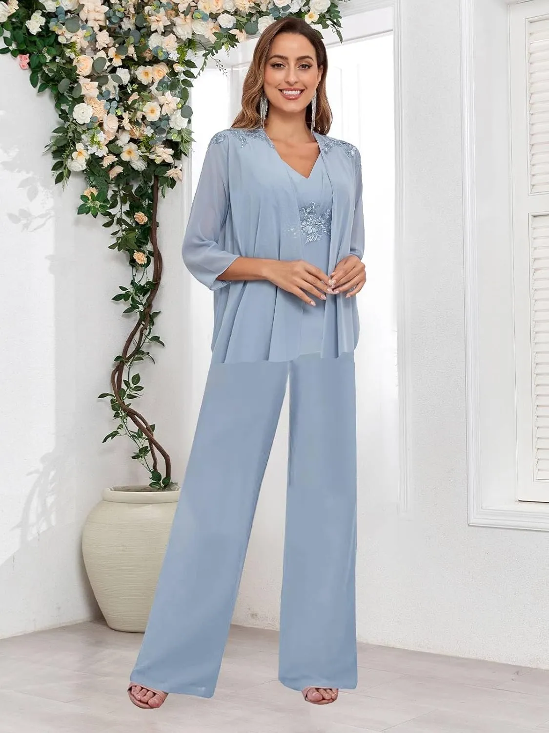 BONOYUER 3 Pieces Pant Suits for Women Dressy Wedding Lace V Neck Mother of The Bride Dresses with Jacket