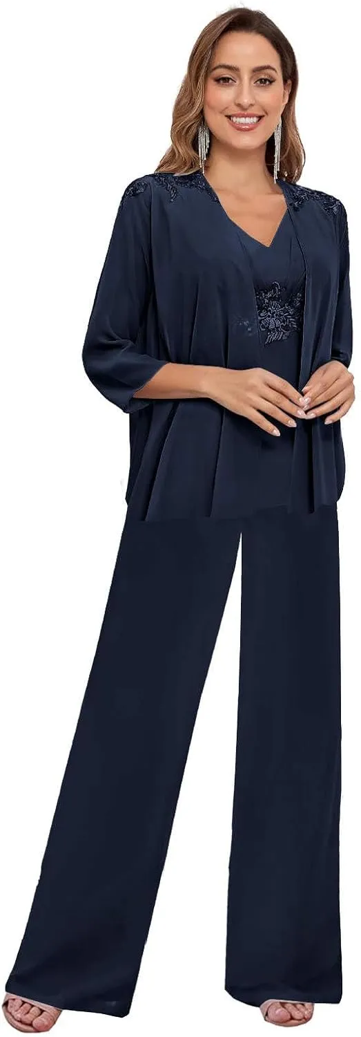 BONOYUER 3 Pieces Pant Suits for Women Dressy Wedding Lace V Neck Mother of The Bride Dresses with Jacket