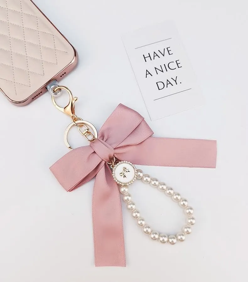 Bow Pearl Keychain Car Key Chain Bag Purse Beaded Charms Pendant Keyring Wristlet Lanyard Key Ring