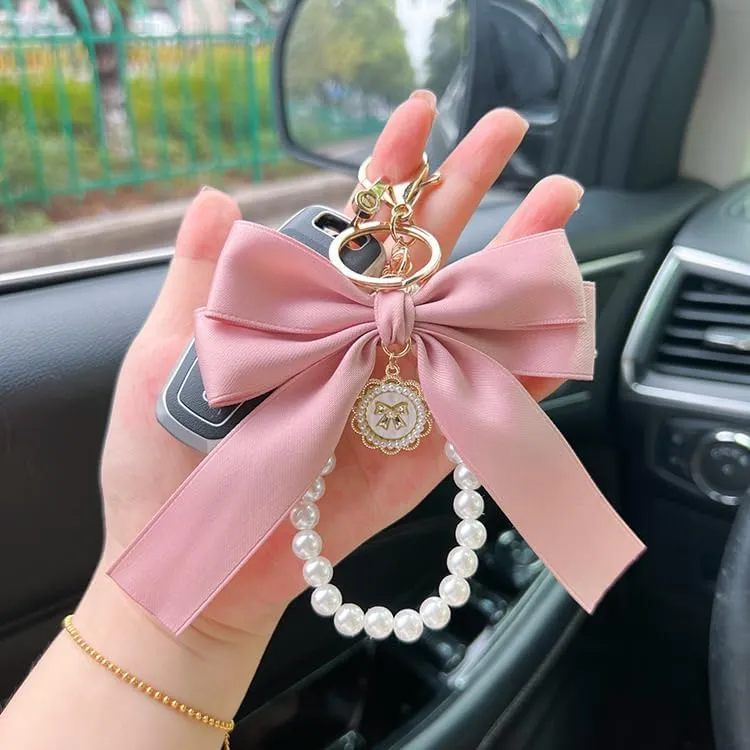 Bow Pearl Keychain Car Key Chain Bag Purse Beaded Charms Pendant Keyring Wristlet Lanyard Key Ring
