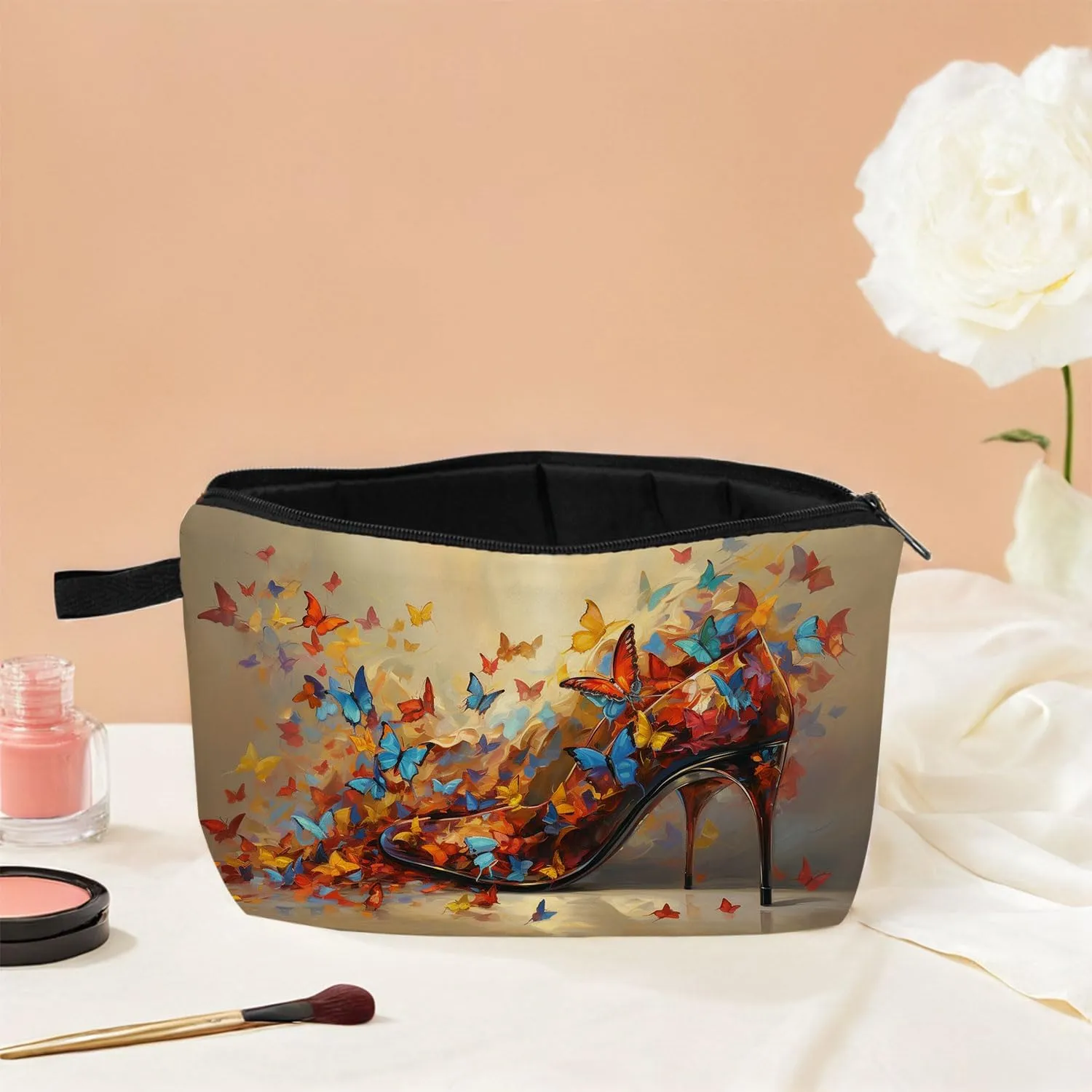Butterfly High Heels Makeup Bag Travel Portable Cosmetic Pouch Toiletry Organizer Storage Bag Zipper Pouch For Women Organizer Toiletries Bag for Travel