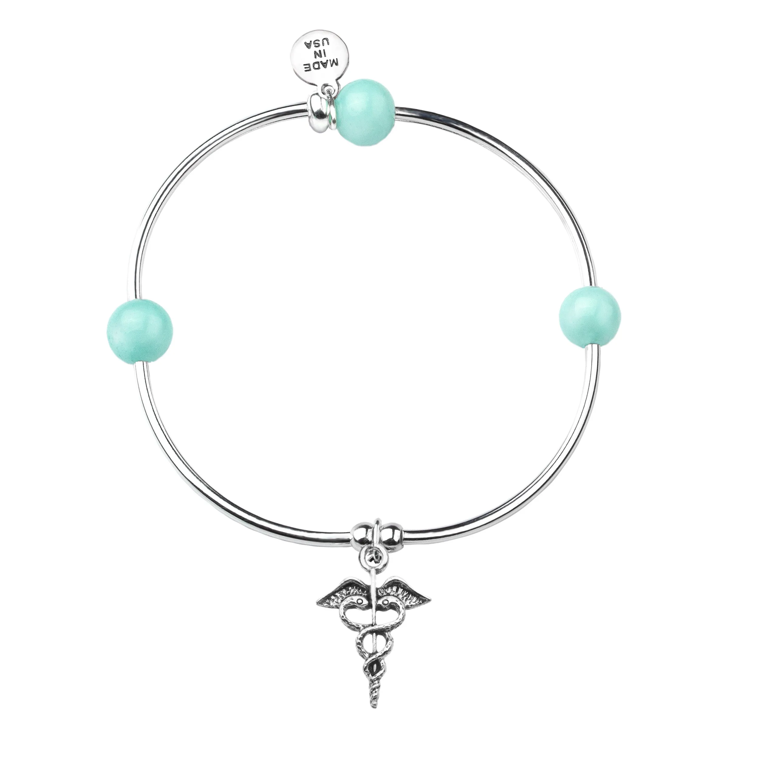 Caduceus (Medical Symbol) | Soft Bangle Charm Bracelet | Tiffany Blue Agate
