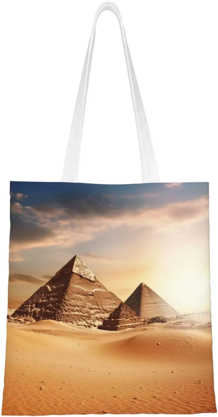 Canvas Tote Bag Aesthetic for Women Egyptian Pyramid in Desert Shopping Bags Large Tote Shoulder Bag Reusable Grocery Bags Hobo Bags Casual Handbags Cute Cloth Bags Birthday Gifts