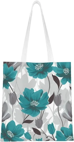 Canvas Tote Bag Aesthetic for Women Teal Grey and White Floral Shopping Bags Large Tote Shoulder Bag Reusable Grocery Bags Hobo Bags Casual Handbags Cute Cloth Bags Birthday Gifts