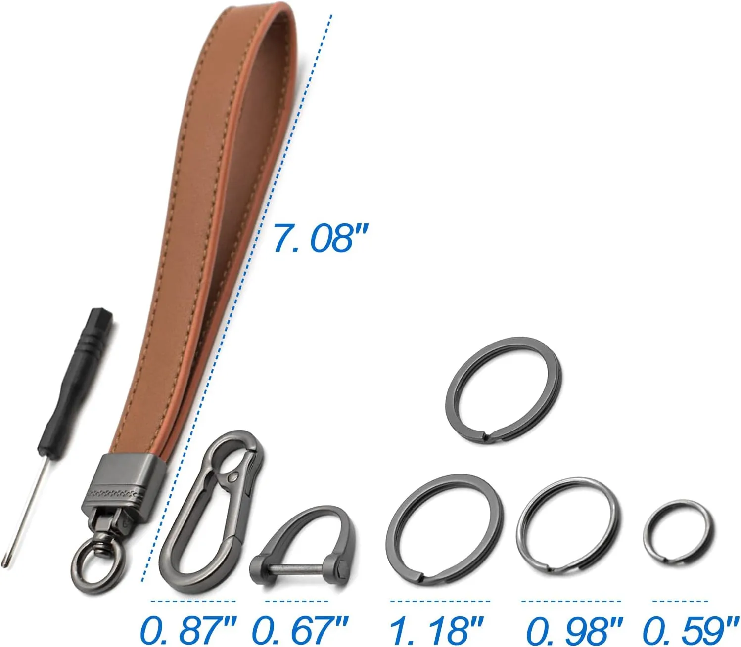 Car Fob Key Chain Genuine Leather Wristlet Strap Keychains Holder for Men and Women, 360 Degree Rotatable, with Anti-lost D-Ring, Carabiner Clip and 4pcs Key Rings, Dark and Coffee