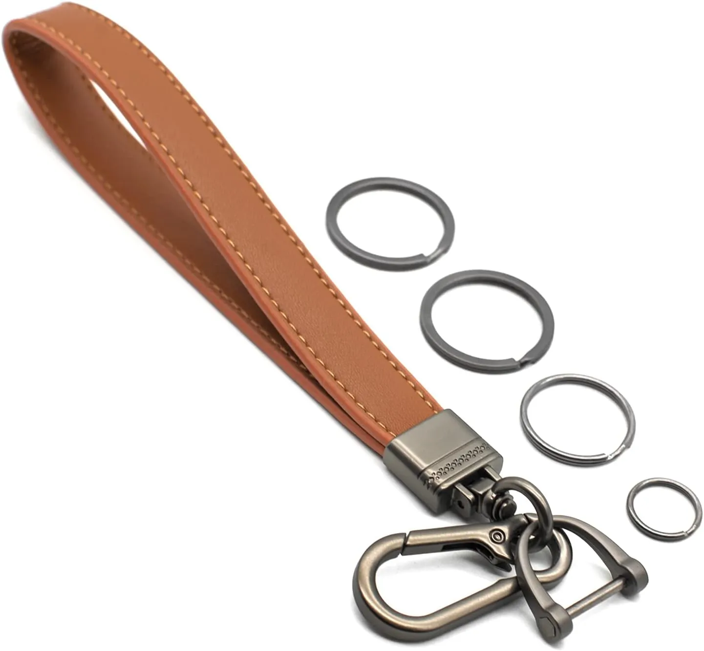 Car Fob Key Chain Genuine Leather Wristlet Strap Keychains Holder for Men and Women, 360 Degree Rotatable, with Anti-lost D-Ring, Carabiner Clip and 4pcs Key Rings, Dark and Coffee