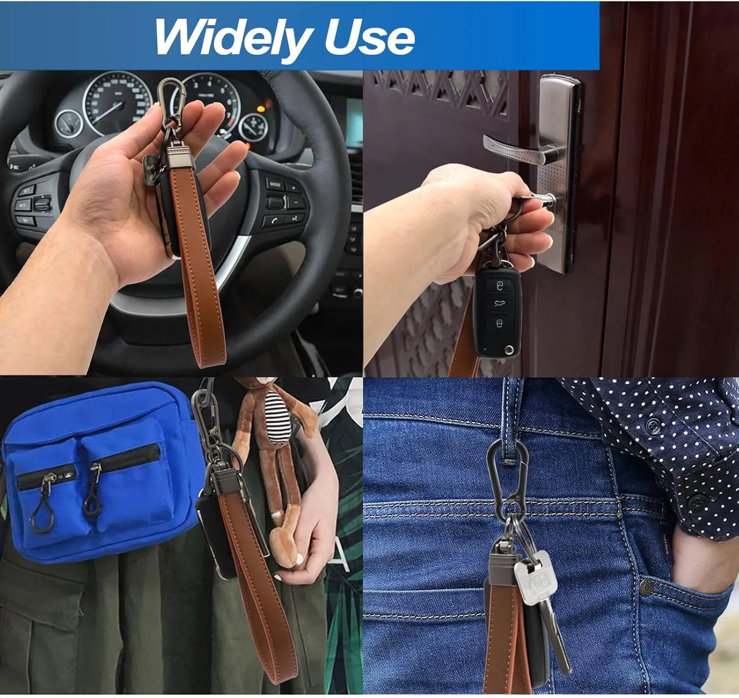 Car Fob Key Chain Genuine Leather Wristlet Strap Keychains Holder for Men and Women, 360 Degree Rotatable, with Anti-lost D-Ring, Carabiner Clip and 4pcs Key Rings, Dark and Coffee