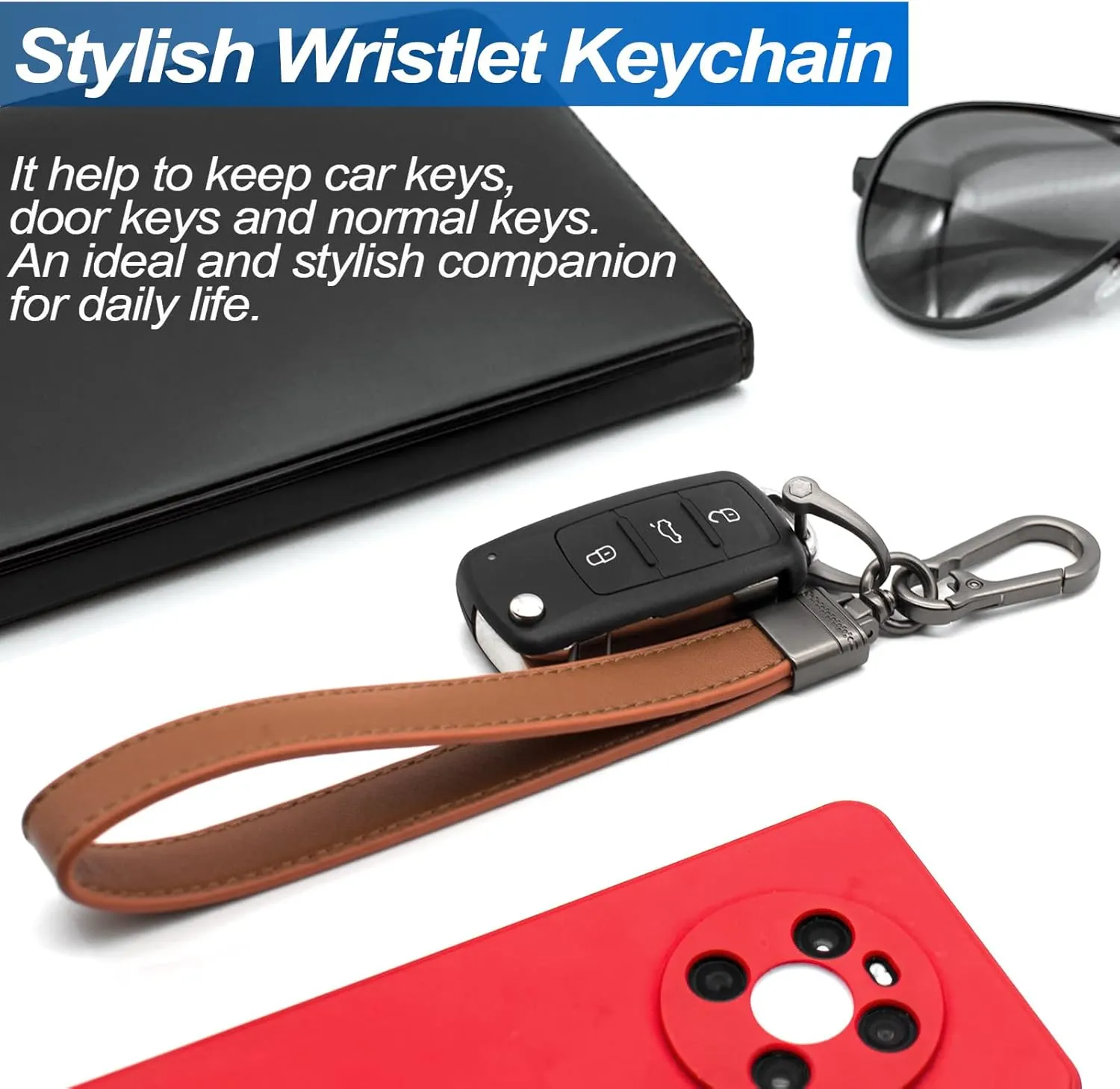 Car Fob Key Chain Genuine Leather Wristlet Strap Keychains Holder for Men and Women, 360 Degree Rotatable, with Anti-lost D-Ring, Carabiner Clip and 4pcs Key Rings, Dark and Coffee