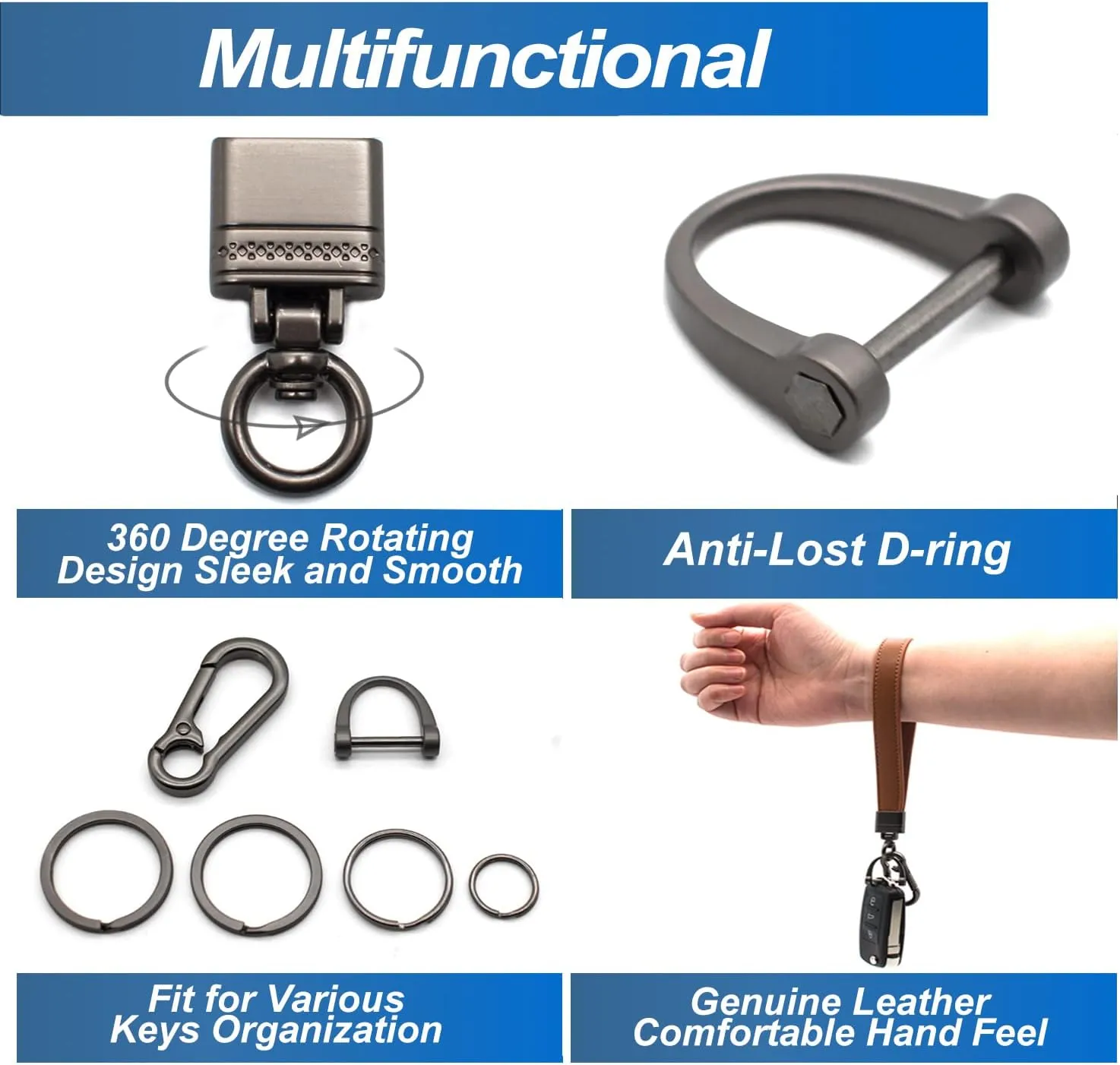 Car Fob Key Chain Genuine Leather Wristlet Strap Keychains Holder for Men and Women, 360 Degree Rotatable, with Anti-lost D-Ring, Carabiner Clip and 4pcs Key Rings, Dark and Coffee