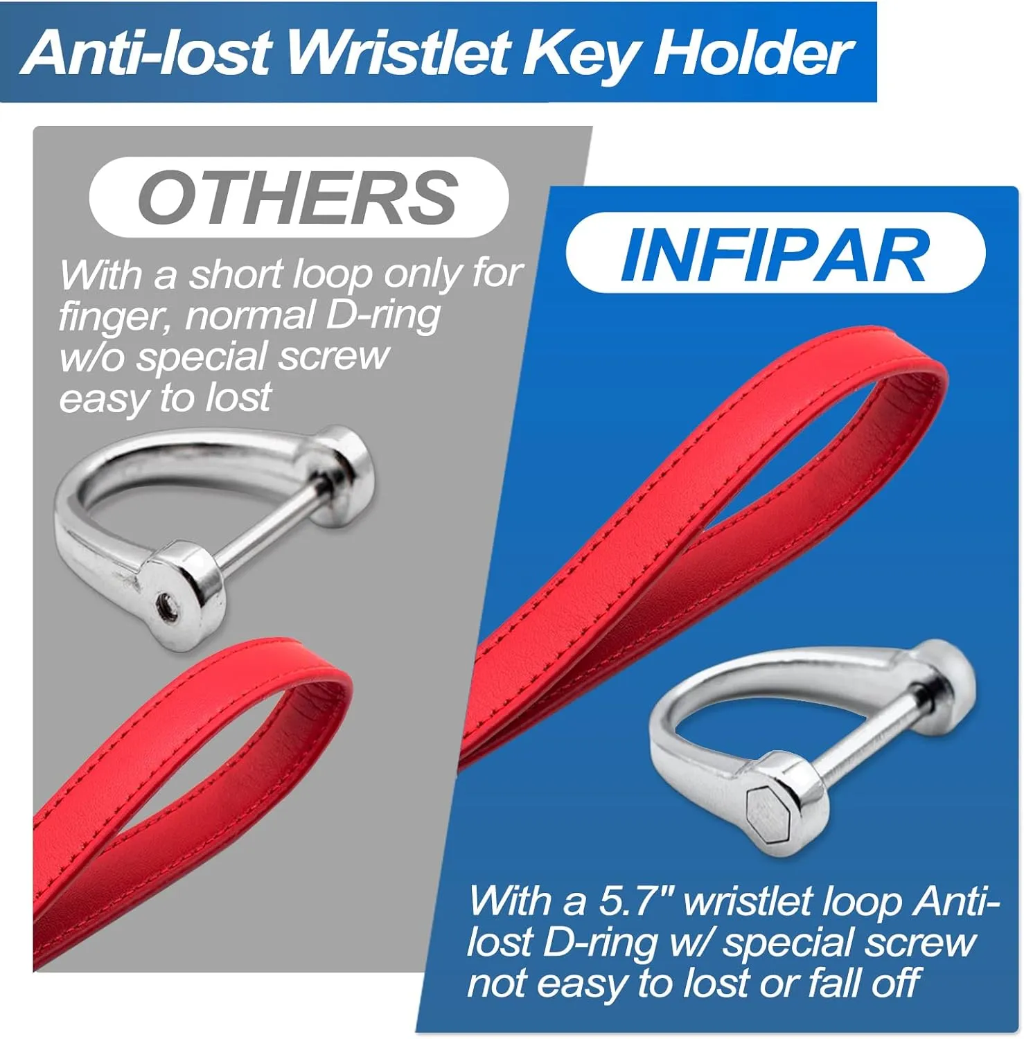 Car Fob Key Chain Genuine Leather Wristlet Strap Keychains Holder for Men and Women, 360 Degree Rotatable, with Anti-lost D-Ring, Carabiner Clip and 4pcs Key Rings, Red