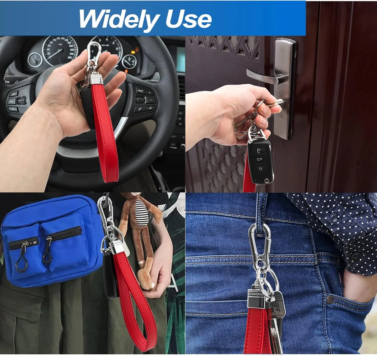 Car Fob Key Chain Genuine Leather Wristlet Strap Keychains Holder for Men and Women, 360 Degree Rotatable, with Anti-lost D-Ring, Carabiner Clip and 4pcs Key Rings, Red