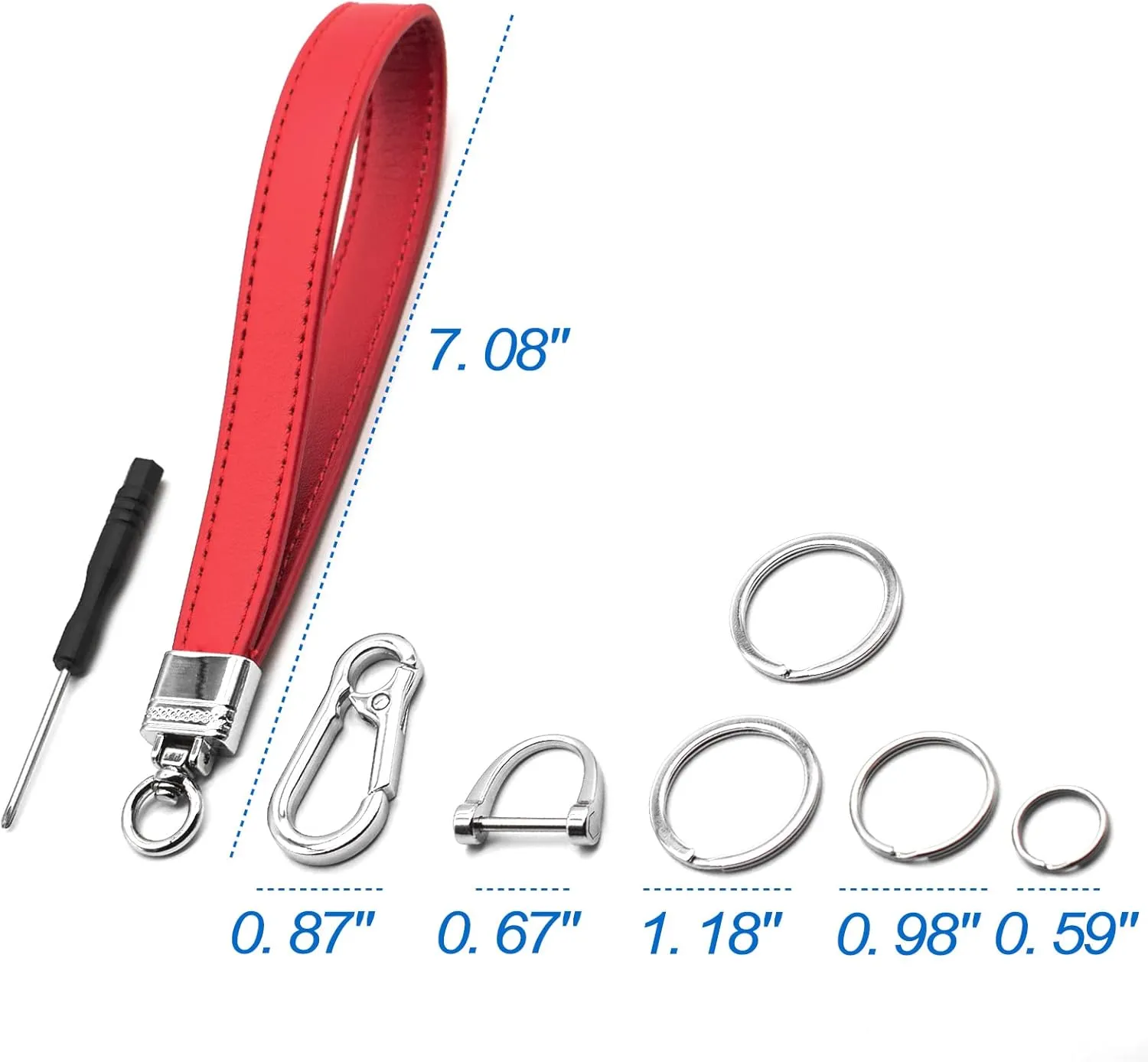 Car Fob Key Chain Genuine Leather Wristlet Strap Keychains Holder for Men and Women, 360 Degree Rotatable, with Anti-lost D-Ring, Carabiner Clip and 4pcs Key Rings, Red