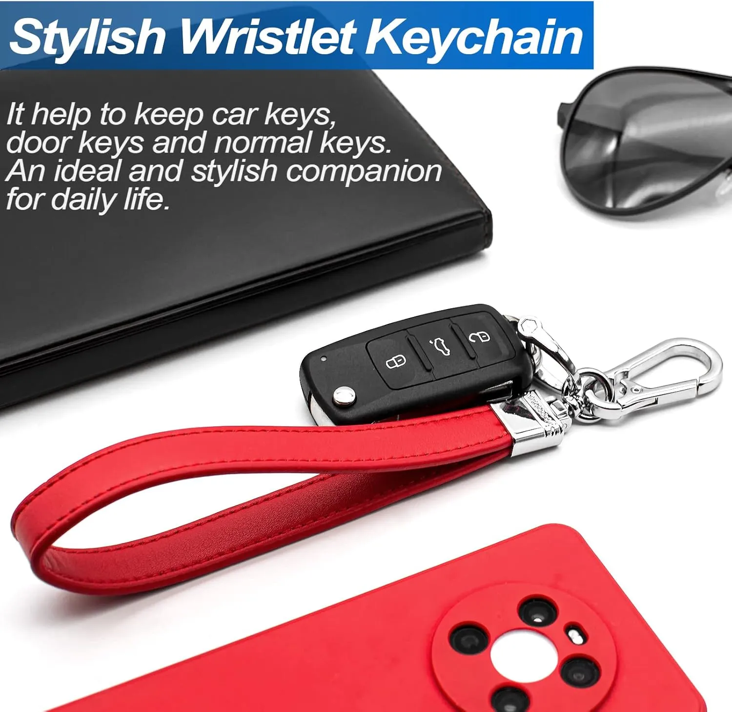 Car Fob Key Chain Genuine Leather Wristlet Strap Keychains Holder for Men and Women, 360 Degree Rotatable, with Anti-lost D-Ring, Carabiner Clip and 4pcs Key Rings, Red