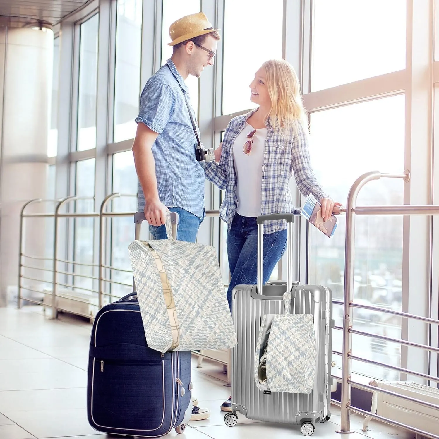 Check Plaid Pattern Blue 3 Set Travel Packing Cubes For Suitcases, Foldable, Garment Bag Closet Storage, Luggage Space Saver, Luggages Management Personnel