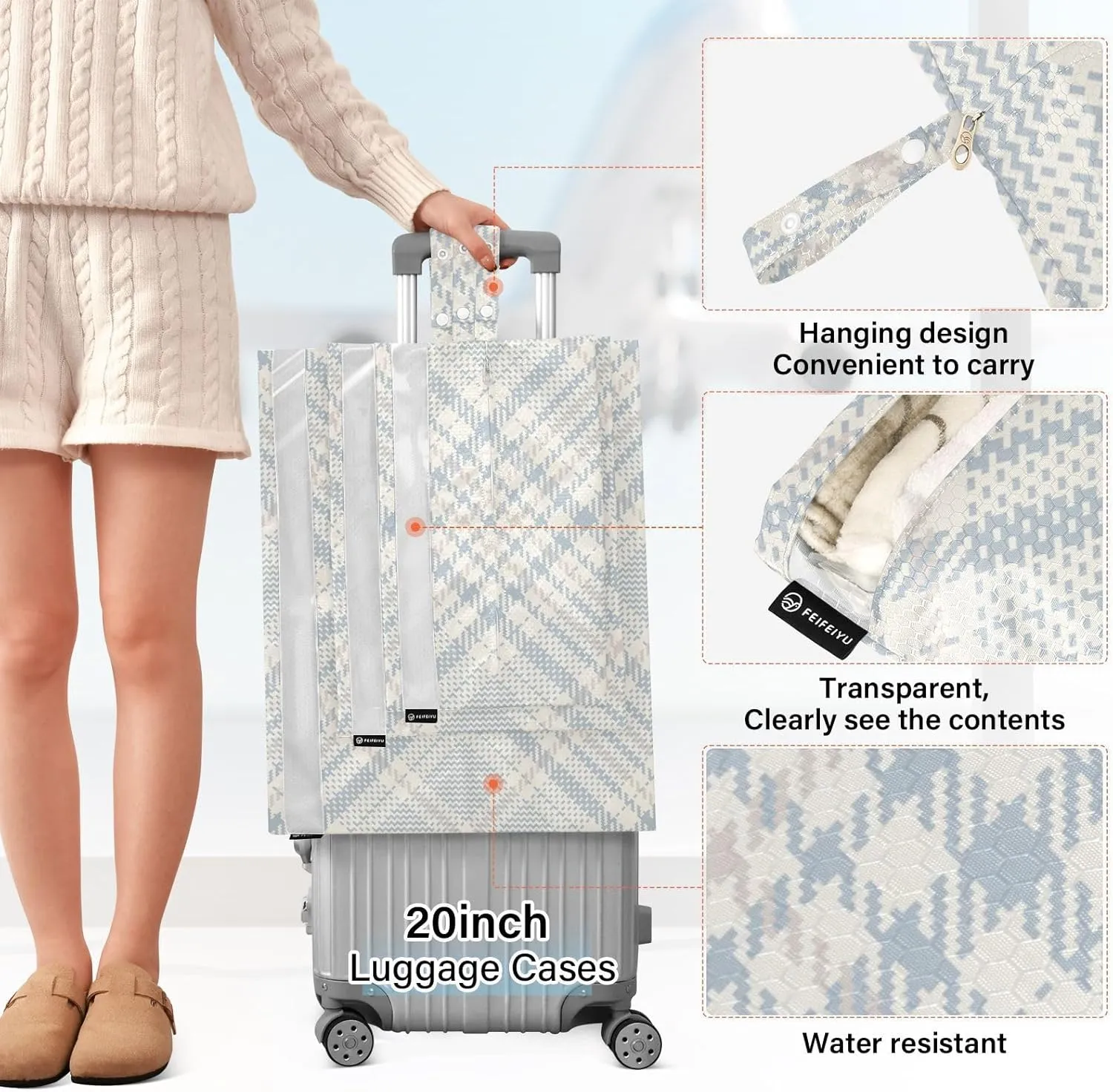 Check Plaid Pattern Blue 3 Set Travel Packing Cubes For Suitcases, Foldable, Garment Bag Closet Storage, Luggage Space Saver, Luggages Management Personnel