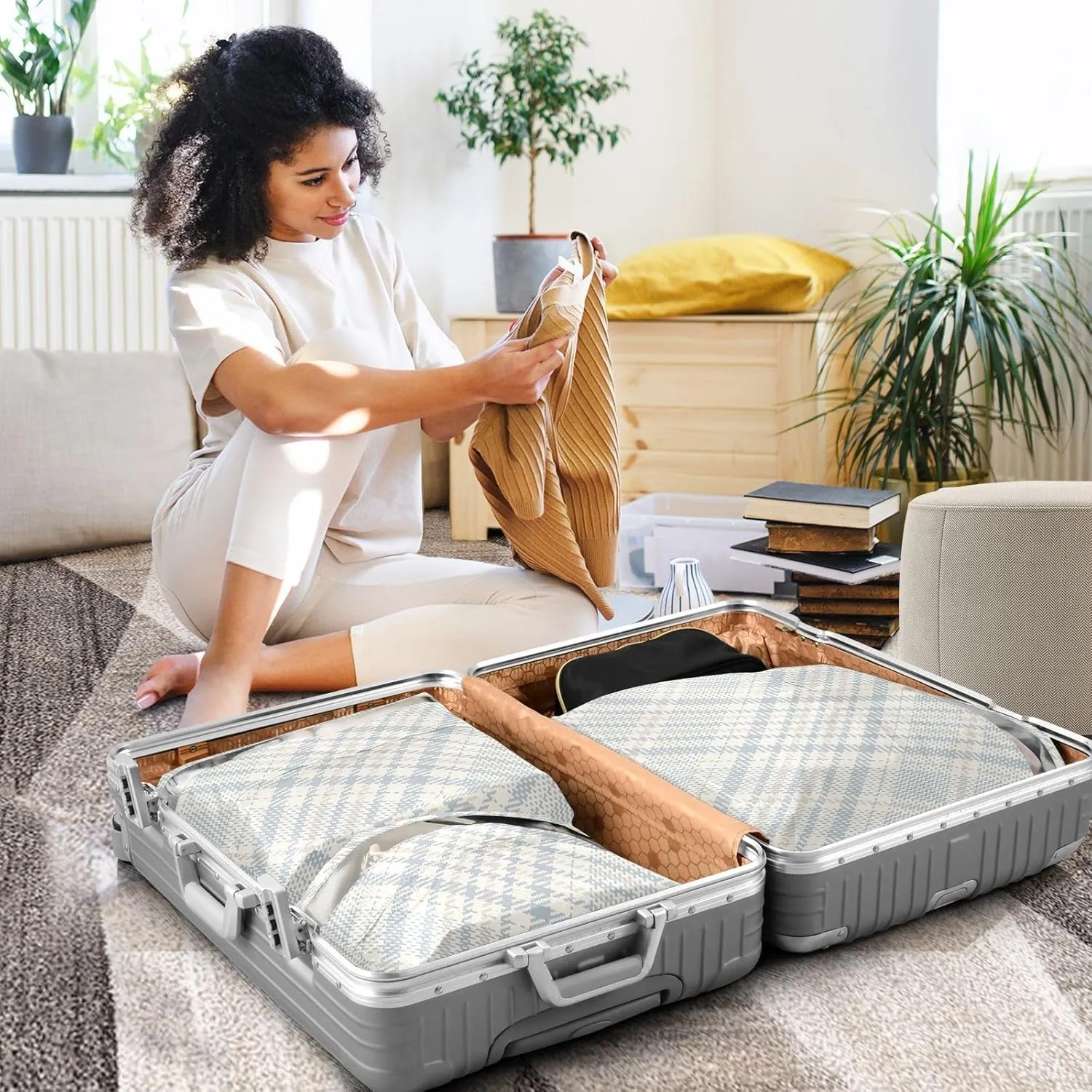 Check Plaid Pattern Blue 3 Set Travel Packing Cubes For Suitcases, Foldable, Garment Bag Closet Storage, Luggage Space Saver, Luggages Management Personnel