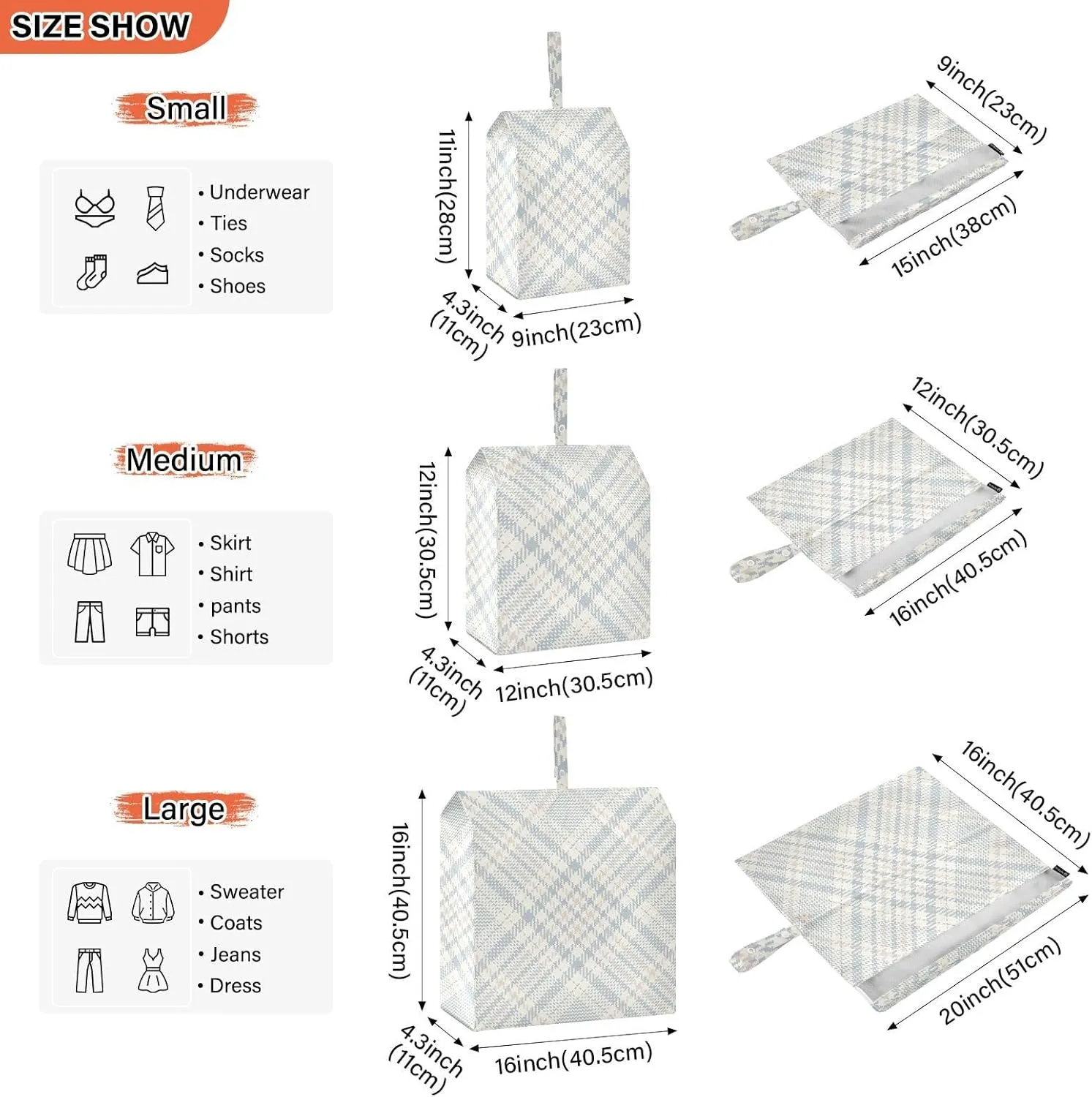 Check Plaid Pattern Blue 3 Set Travel Packing Cubes For Suitcases, Foldable, Garment Bag Closet Storage, Luggage Space Saver, Luggages Management Personnel