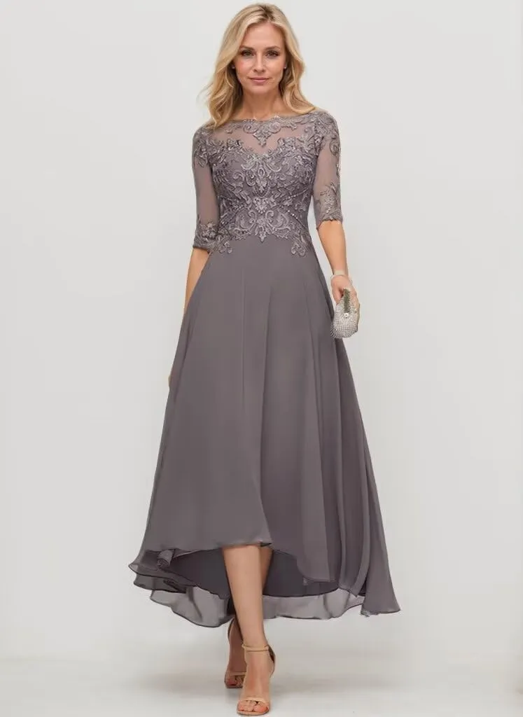 Chiffon Mother of The Bride Dresses 2025 High Low Lace Tea Length Formal Evening Gown with Pockets
