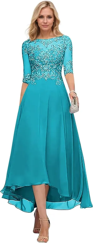 Chiffon Mother of The Bride Dresses 2025 High Low Lace Tea Length Formal Evening Gown with Pockets