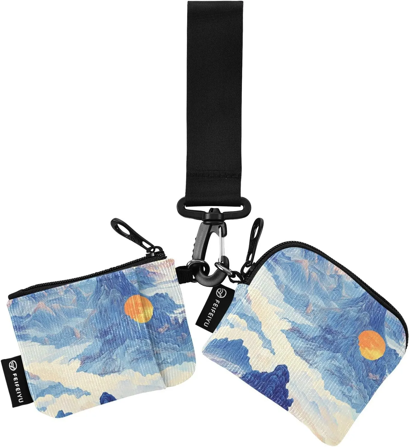 Chinese Style Mountains Sun Dual Wristlet Wallets for Women Thin Flat Card Organizer Purse with Zipper Pocket for Ladies Girls 2 Packs