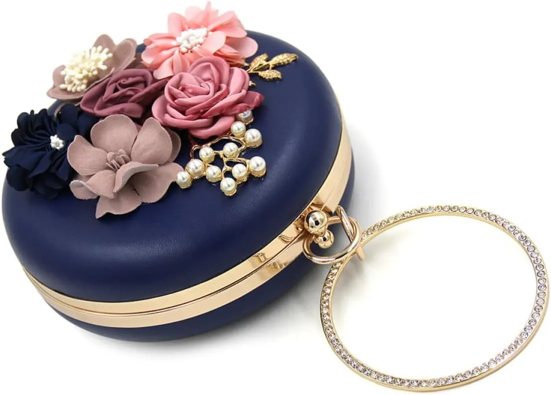 Clutches for Women Round Clutch Bag Sequin Blue Purse Sling Bag for Women Motorbike Keychain Beaded